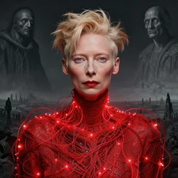 Portrait Masterpiece, Tilda Swinton, red, glowing, wires everywhere, by Edgar Maxence and Ross Tran, Zdzisław Beksiński, and Michael Whelan, distant, gustav dore, H.R. Giger, 8k, octane render