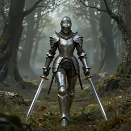 a matte painting of a female knight with glowing eyes wearing battle worn marvel cinematic universe armor wielding twin swords walking through the forest plains of north yorkshire, misty forest, apex legends armor, good value control, concept art, digital painting, sharp focus, symmetrical, segmented armor, single character full body, 4k, illustration, rule of thirds, sci-fi, elden ring, centered, moody colors, moody lighting, atmospheric