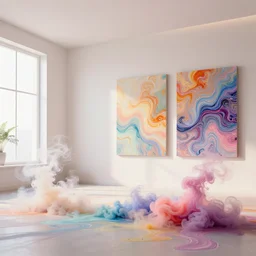 a modern indoor room full of insane detailed colorfull smoke, clean architecture, pictures in the wall, pastel colored, intricate detailed 3 d render, hyper realistic intricate acrilic fluid art, intense colors, wide shot, octane render, concept art, daylight, peaceful, 8 k