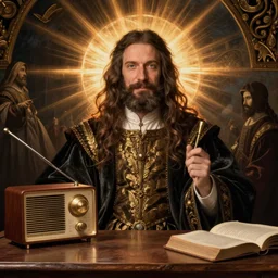 wizard, radio equipment, desk, tome, Renaissance painting