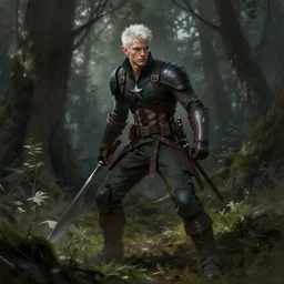 A digital painting of a young handsome male Caucasian with face of a young captain america rogue elf with short spikey white hair hunting in the woods wide shot, dark leather armor, full shot, realistic, detailed, in the style of Alan Lee and John Howe, dungeons and dragons