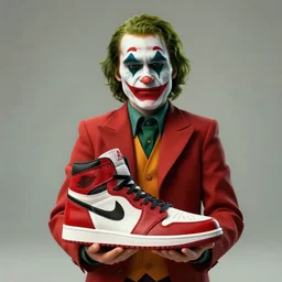 The joker holding a 3D render of mid height air jordan sneakers designed by the joker, cinematic, studio lighting, award winning, highly detailed, 4k, hd, sharp
