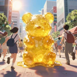 memorable animation key shot, low angle, people running away from yellow translucent gummy bear melting in the hot sun, shinjuku, heatwave, by mandy jurgens, by satoshi kon, ilya repin, shinji kimura, william turner, pastel color palette