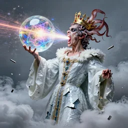 a perfect majestic portrait photograph of a distorted, contorted human monarch ludicrously bursting into a cloud of shrapnel. their gaping mouth is blasting colored rays of pure energy in a fractal glass sphere. saran wrap robes of shattered porcelain, and a crown of squid engulfing their head.