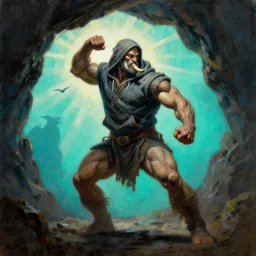 muscular elephant barbarian hunter  full body fighting pose wearing sport hoodie , sun rays , big shadows, small bird sihouettes  in cyan background , very textured detailed  oil painting by rembrandt , hard backlight , in dark cave