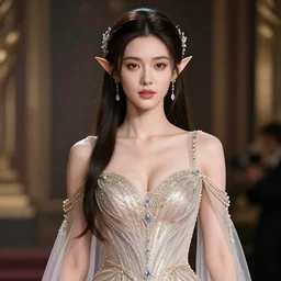 photo of a gorgeous young elven woman at a glamorous elven dress in the style of stefan kostic, realistic, sharp focus, 8 k high definition, insanely detailed, intricate, elegant, art by stanley lau and artgerm