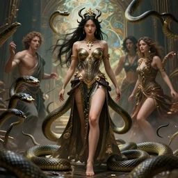 a full body shot of an asian valkyrie with snakes surrounding her by artgerm, dynamic lighting, ray tracing, tom bagshaw, alphonse mucha, donata giancola, mary jane ansell, ankh necklace, atmosphere, realism, octane render, dof, hyperdetailed, 8 k