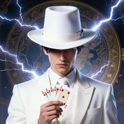character concept portrait, symmetrical head-on centralized, Young man with white formal suit white hat and playing cards. Detailed, high quality, dynamic lightning, fantasy, scenematic. Artwork by Artgerm, WLOP, Alex Ross, Greg Rutknowski, Alphonse Mucha