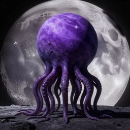 A purple planet with a body made out of long dark, shadowy tentacles standing on the moon
