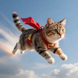 a hyper realistic photo of a superhero cat flying in the sky. the sky is blue and it ’ s sunny. she is accelerating very fast.