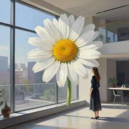 big daisy flower head, woman standing next to modern window in luxury loft, surreal photography, sunlight, impressionist painting, digital painting, artstation, simon stalenhag