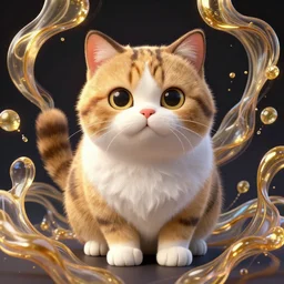 Recursive image with a well rounded Calico feline, large eyes, shiny soft fur, anatomically correct, surrounded by mirroring swirling wisps of jelly, oil pastels and gold, in the style of Katsuhiro Otomo, modeled in Poser, Redshift render, UHD