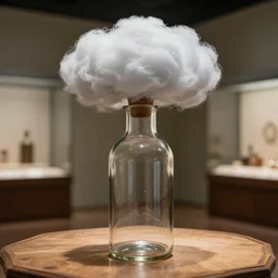 a storm cloud stored in a glass bottle sitting on a desk, in a museum, realistic, 4 k