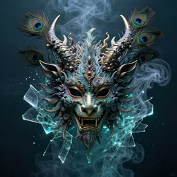 intricately detailed dragon priestess mask adorning flowery horns and ancient peacock feathers, liquid smoke, shattered glass, underwater glow, ross tran, ismail inceoglu, sylvain sarrailh