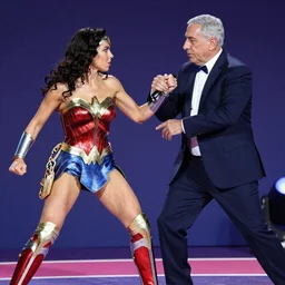 Sara Netanyahu as Wonder Woman hitting Yair Lapid