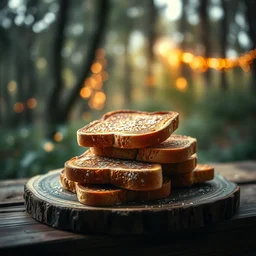 5 5 mm photo of a pile of freshly baked frensh toast on a wooden table in a magical forest. dof. bokeh. magical atmosphere. art by greg rutkowski. highly detailed 8 k. intricate. lifelike. soft light. nikon d 8 5 0.