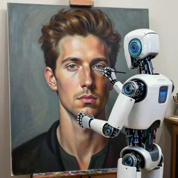 robot artist painting a self - portrait on a canvas. intricate, highly detailed, digital matte painting, in the style of alexandros pyromallis, and in the style of sachin teng, and in the style of hans thoma, ( ( and in the style of gil elvgren ) ). irony, recursion, inspiration.
