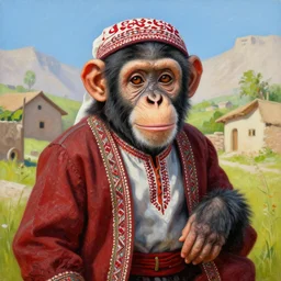 beautiful painting by sophie anderson of a chimpanzee wearing kurdish clothes in a kurdish village, award winning art, insanely detailed, bright colors, global illumination, cute, young, stunning