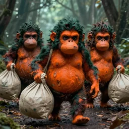 oompa loompas with orange skin and dark green hair carrying body bags, scary