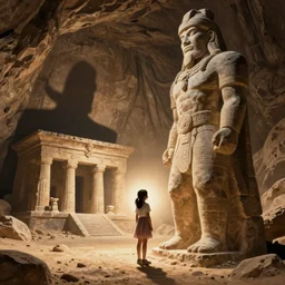 a young girl stands next to a stone giant, shadow of the colossus, in front of a temple, in a large desert cave, dramatic lighting, hudson river school
