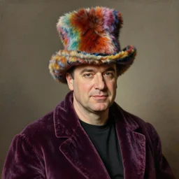 portrait of Cosmo Kramer in colorful furry tophat and velour robe, realistic painting, classical painting, high definition, digital art, matte painting, very detailed, realistic