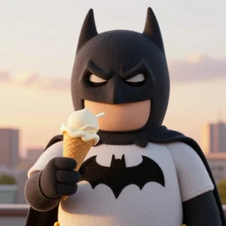 a large knitted batman enjoying a delicious ice cream cone during sunset at the beach Trending on artstation, featured on Behance, well-rendered, Unreal Engine, 4K HD