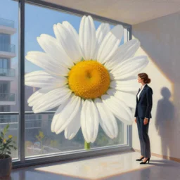 huge daisy flower head, a woman in a suit, standing next to modern window in luxury apartment, surreal photography, sunlight, impressionist painting, digital painting, artstation, simon stalenhag