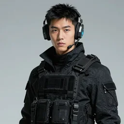 asian pretty boy. Beautiful cyberpunk assassin wearing a cyberpunk headset and tactical gear. In style of moebius and laurie greasley.