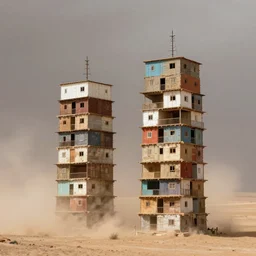 two high towers made up of stacked makeshift squatter shacks on a desert, bleached colours, dust storm, phase one, fine details, photographed by nick knight