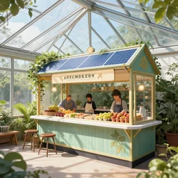 solarpunk cantine, glass roof, natural lighting