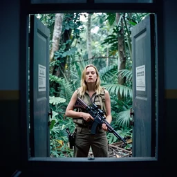 film still, extreme far view, margo robbie, jungle, vietnam door gunner, apocalypse now, associated press,, 2 6 mm, kodak ektachrome, blue tint expired film