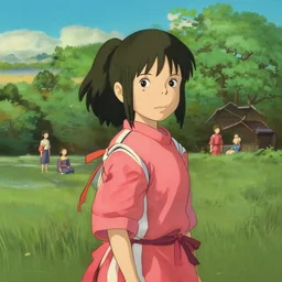 a beautiful scenic painting of a beautiful young woman that looks like chihiro from spirited away by artgerm and wlop and wes anderson and spike jonze