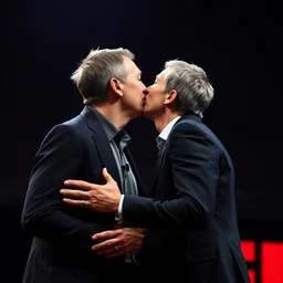 elon musk passionately kissing mark zuckerberg at a ted talk, leica, photo, medium shot, 3 5 mm