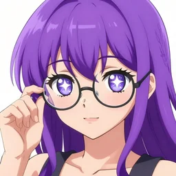 girl ; purple hair ; starry eyes ; bright colours ; idol ; wearing glasses ; drawn by mengo yokoyari ; digital art ; high detail ; trending on artstation ; anime key visual