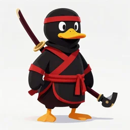 duck in black and red ninja dress with a ninjato, 2 d, flat art, detailed, realistic, octane render