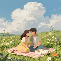 picnin scene in nature, couple in love, flowers, clouds, a sleeping cat, by moebius