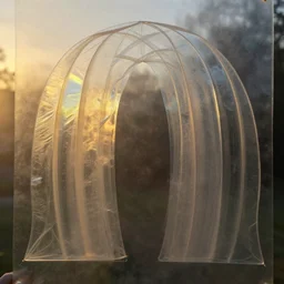7 0 mm photograph of refractive caustics casting through vellum and mesoglea - transparent colloid layers ambiently occluding and striating, coalescing from the mist, forming a detailed sculptural recreation of the refractive arches from roger dean's paintings, dramatic lighting, golden hour, cinematic, 8 k
