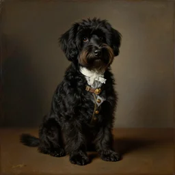 A black coton de tulear dog dressed up as a dapper english gentleman, renaissance oil painting, highly detailed