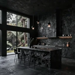 brutalist black house kitchen interior design minimalist organic, organic architecture furniture ominous dark powerful giant open space high quality octane render blender 8 k