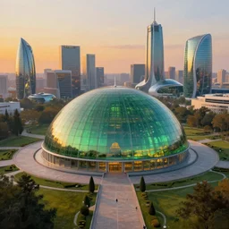 capital city of the free republic of liberland with humongous green glass dome and path around it and humongous futuristic glass buildings built in the horizon, sunset light, hyperdetailed, artstation, painting by gaston bussiere, craig mullins, j. c. leyendecker, 8 k
