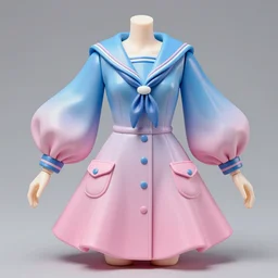 action figure collection ball shaped accordion sleeve haute couture, sailor uniform, coat, synthetic curves striking pose, dynamic folds, cute pockets, volume flutter, youthful, modeled by modern designer bust, body fit, award fashion, picton blue, petal pink gradient scheme, holographic tones, expert composition, professional retouch, editorial photography