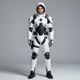 male ulzzang with white sci - fi tactical gear and hood, black cybernetic enhancements, purple holographic highlights, full shot fashion photography, by irving penn and storm thorgerson, ren heng