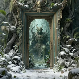 doorway to an ancient fallen god, lush trunda vegetation, snow :: by Michal Karcz, Daniel Merriam, Victo Ngai and Guillermo del toro :: ornate, dynamic, particulate, intricate, elegant, highly detailed, centered, artstation, smooth, sharp focus, octane render, 3d