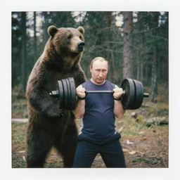 medium shot, vladimir putin pumping iron with grizzly bear, in woods, polaroid photo, vintage, neutral colors, by gregory crewdson