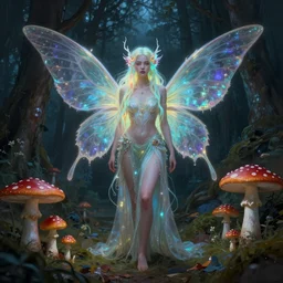 stunningly beautiful female faerie priestess in amanita muscaria forest landscape, symmetrical wings on back, neon hair, fantasy art, dark light night, sharp focus, digital painting, 4 k, concept art, art by wlop, artgerm, greg rutkowski and alphonse mucha