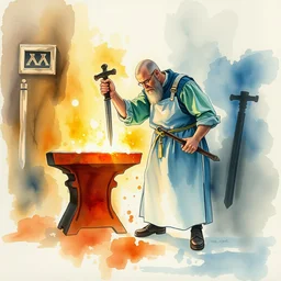 centered on watercolor paper, paint brush strokes, smudged abstract watercolor painting of medieval blacksmith with apron, anvil, hammer, glow, forging a sword, cinematic light, national romanticism by hans dahl, by jesper ejsing, by anders zorn, by greg rutkowski, by greg manchess, by tyler edlin