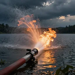A fire hose that only sprays fire being used to fight a lake.