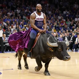 kevin hart riding a buffalo through a basketball court with a dress on