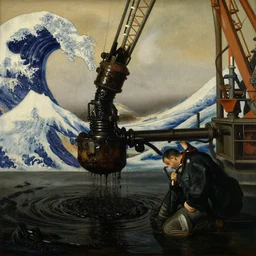 close up crane dirty with oil, suffering after an oil spill, petroleum, dark, polluted water. painting by jan van eyck, audubon, thomas cole, caspar david firedrich, moebius, hokusai, walton ford