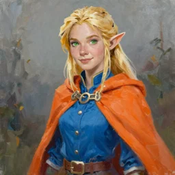 blonde haired green eyed elf wearing a blue button up and orange cape, painting by Sophie Anderson